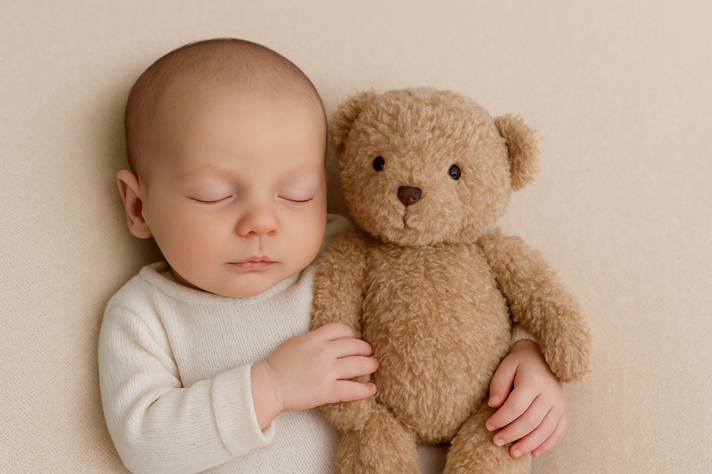 Lifestyle studio fotoshoot, baby slapend met beer